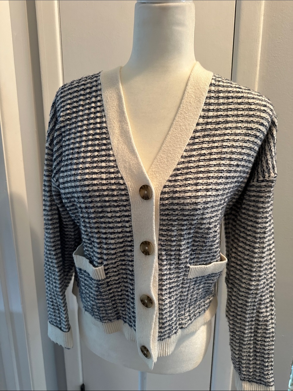 LOFT Cream Trim navy blue Striped V-Neck Button Cardigan